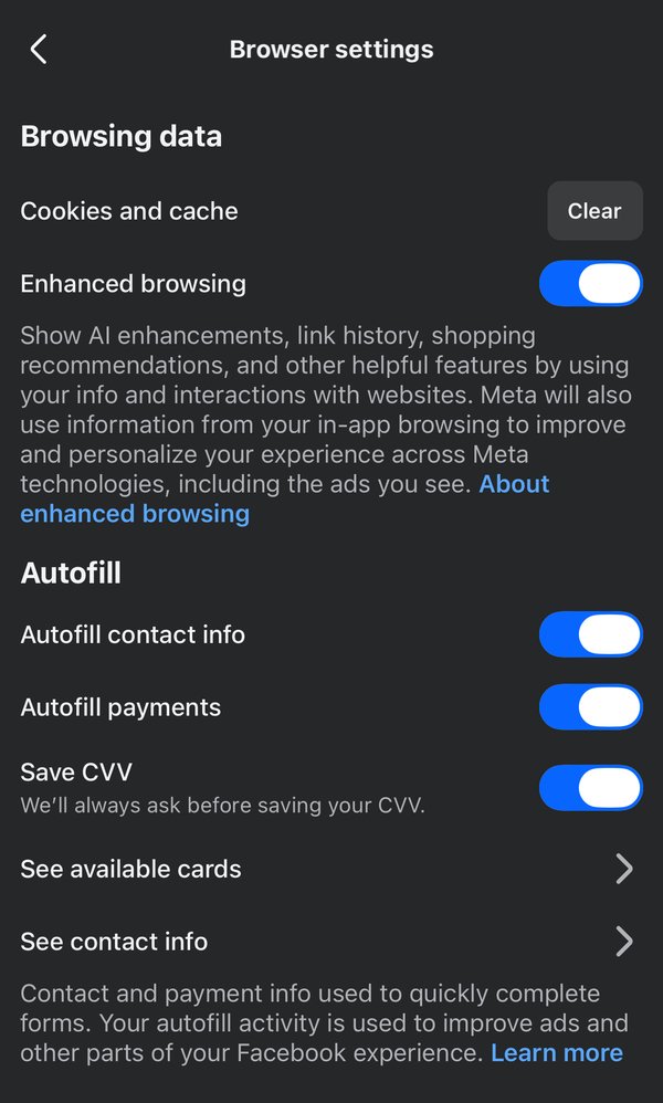 Facebook in-app browser settings with toggles for Enhanced browsing, Autofill contact info, Autofill payments and Save CVV
