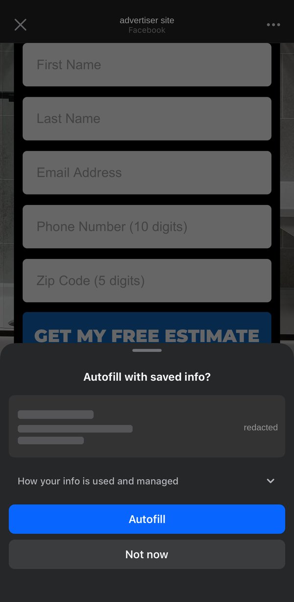 Facebook in-app browser showing a landing page opened on its lead form, with a bottom sheet asking Autofill with saved info? and buttons Autofill and Not now